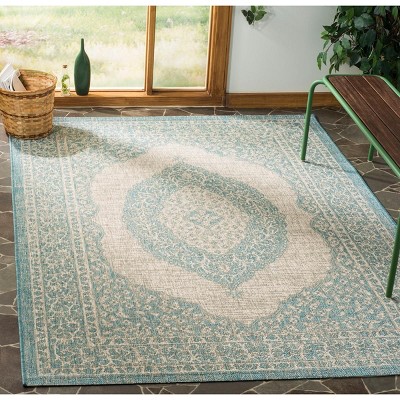 Light Grey and Aqua Floral Motif Outdoor Area Rug