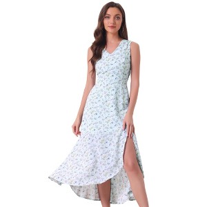 Allegra K Women's Floral Print Summer A-Line High Low Side Slit Sleeveless Midi Sundresses - 1 of 4