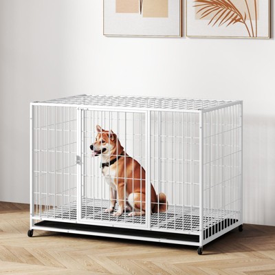 XBRIGH 42/38 Inch Dog Crates for Meidum Small Dogs Folding Metal Wire Cages Dog Kennels Pet Cage with Double-Door, Removable Tray White