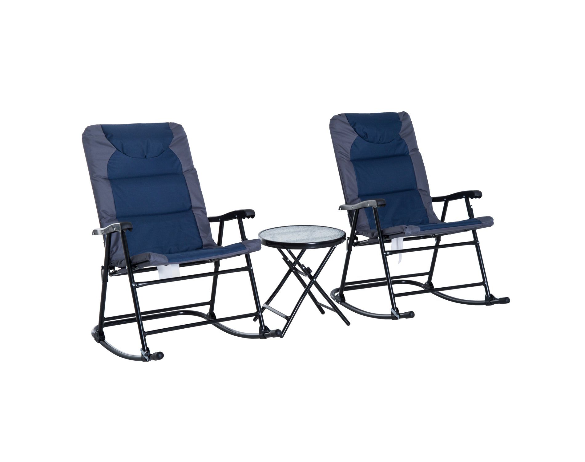 Aghana Digitals 3-Piece Outdoor Folding Rocking Furniture Set with Padded Seats, Tempered Glass Navy Blue 26.80×35.50×41.80 in