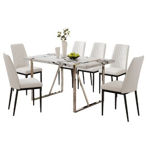 ChicFurnit Dining Set Modern 7 Piece Faux Marble Dining Table Set with PU Leather Chairs for Dining Room and Kitchen, White, 39.37"*19.49"*18.5" - 1 of 4