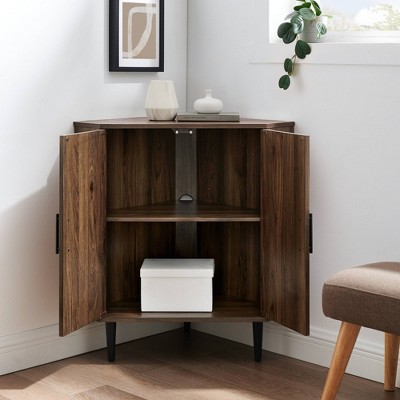 Dark Walnut 2-Door Corner Accent Cabinet with Adjustable Shelving