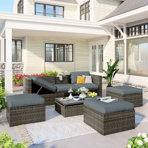 YOOCOZZ 5-Piece PE Rattan Outdoor Sofa Set with Reclining Three-Seater, 3 Square Stools and Lift-Top Coffee Table - Grey - 1 of 4