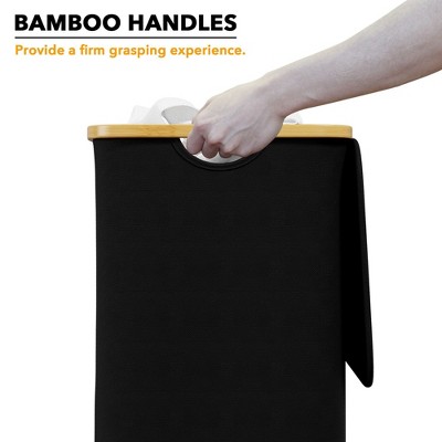 Black Collapsible Laundry Hamper with Bamboo Lid and Handles