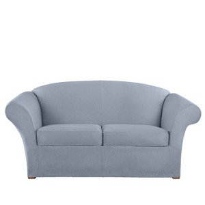 3pc Ultimate Stretch Suede Loveseat Slipcovers Pacific Blue - Sure Fit: Form Fit, Machine Washable, Indoor Use - 1 of 2