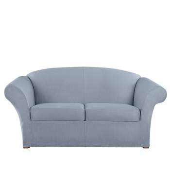 3pc Ultimate Stretch Suede Loveseat Slipcovers Pacific Blue - Sure Fit