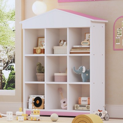 House-Shaped Kids Toys Storage Shelf with 9 Cubby Compartments, Colorblock Bookcase,Modern Playroom & Bedroom Storage Rack-Baofuwish
