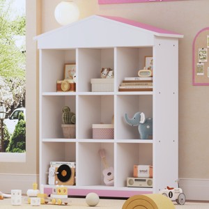 House-Shaped Kids Toys Storage Shelf with 9 Cubby Compartments, Colorblock Bookcase,Modern Playroom & Bedroom Storage Rack-Baofuwish - 1 of 4