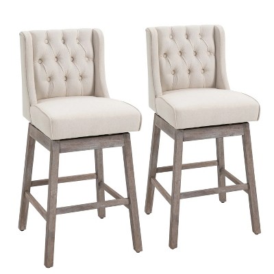 Beige swivel bar stool set of 2 with footrest, solid wood, 180° swivel