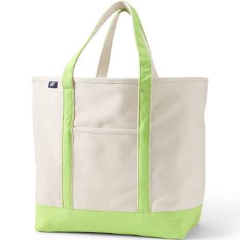 Lands' End Large Natural 5 Pocket Zip Top Long Handle Canvas Tote Bag - -  Natural/Dark Olive Green