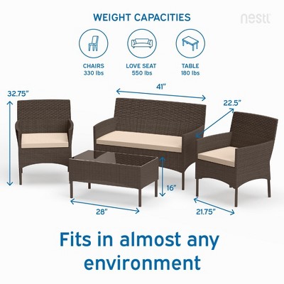 4-Piece Brown Wicker Outdoor Seating Set with Beige Cushions