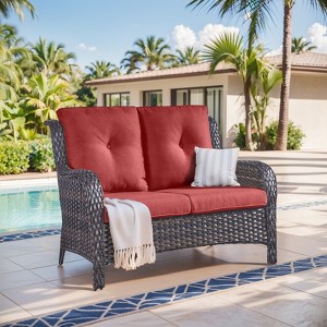 Buenhomino Outdoor Patio Couch Wicker Sofa Loveseat- 2 Seater Rattan Sofa for Outside Patio Garden with Deep Seating and Olefin Cushions - 1 of 4