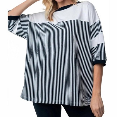 Women's Full Size Striped Contrast Round Neck Top - White Birch