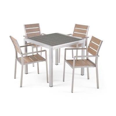 Christopher Knight Home Cape Coral Outdoor Aluminum and Faux Wood 5 Piece Dining Set with Wicker Tabletop
