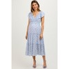PinkBlush Blue Floral Front Ruched Ruffle Shoulder Tiered Maternity Midi Dress - 2 of 4