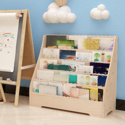5-Tier Kids Wooden Bookshelf, Multi-Functional Toddler Book Rack, Children Book Display Shelves for Classrooms, Playrooms, Nursery, Wood Color