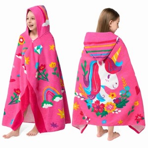 Joyfy Hooded Bath Towels for Kids Cotton Pink Unicorn Kids 30" x 50" for 3-10 Years Boys Girls Beach Towel Hooded  Absorbent Pool Toddler Swim Wrap - 1 of 4
