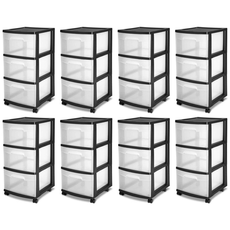 Sterilite 3 Drawer Multi Purpose Versatile Storage Cart with Clear Transparent Drawers, Ergonomic Handles, and Black Frame (8 Pack), 1 of 7