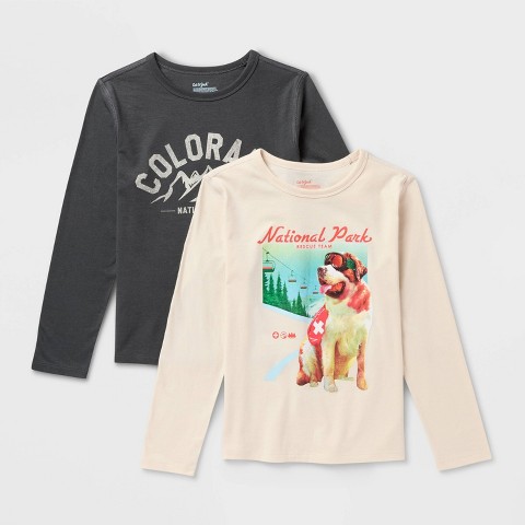 Cat & Jack Kids' 2pk Adaptive Long Sleeve 'Dog/Colorado' Graphic T-Shirt - Cat & Jack™ Beige/Charcoal Gray L