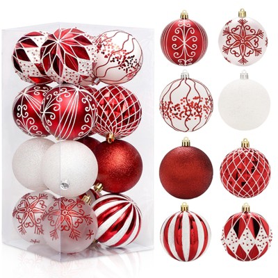 Shatterproof Christmas Ball Ornaments 16-Pack, Large Plastic Baubles for Tree, Wreath, Garland, Holiday Decor, Red/White