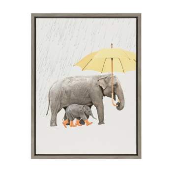 Kate & Laurel All Things Decor 18"x24" Sylvie Under the Rain Framed Canvas Wall Art by July Art Prints Gray Cute Elephant