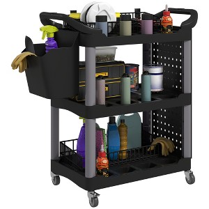 HOMCOM 3-Tier Rolling Tool Cart, 200 LBS Capacity Plastic Utility Cart with Side Shelf and Storage Bucket for Garage, Workshop - 1 of 4