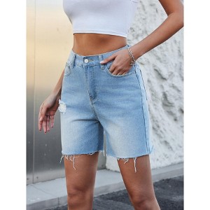 Light Blue Distressed Denim Shorts, High Waist Ripped Jean Shorts with Metal Button - 1 of 4