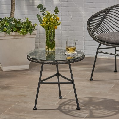 Gray and Black Round Faux Rattan Outdoor Side Table with Tempered Glass Top
