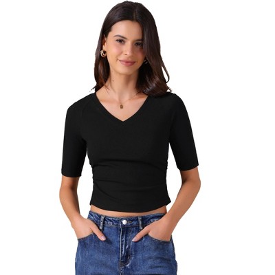 INSPIRE CHIC Women's V Neck Short Sleeve Stretchy Ruched Basic Casual Cropped Tops