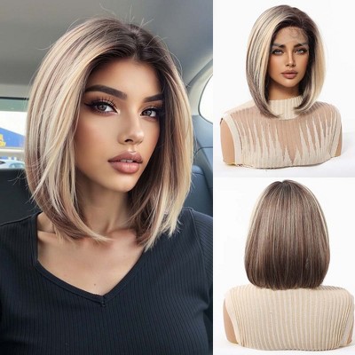 Jessie's Wig 10 Inch Bob Straight Lace Wigs Synthetic Hair 13*5*1 C Part Lace Black Ombre Blonde With Dark Roots 1 Pc/Pack