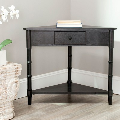 Bamboo-Inspired Triangular Pine Wood Corner Console with Drawer - Black