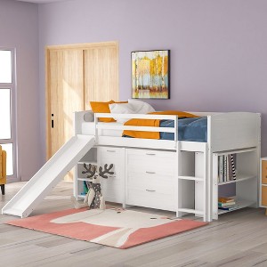 NicBex Twin Size Loft Bed Low Pine Bed Frame with Drawers, Shelves, Slide, Ladder and Full Length Guardrail, No Box Spring Required - 1 of 4