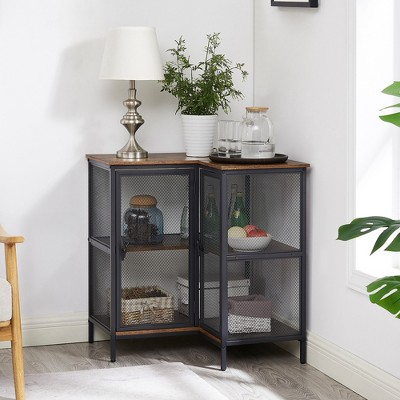 VECELO 3-Tier Corner Cabinet Industrial L-shaped Free-Standing Console Table with Double Doors and Storage Shelves Brown/Gray