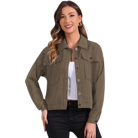 INSPIRE CHIC Women's Lapel Collar Drop Shoulder Pockets Button Down Waffle Shirt Jackets Brown Medium
