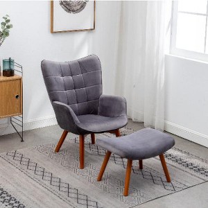 Lyngins Contemporary Silky Velvet Tufted Accent Chair & Ottoman Set, Mid-Century Armchair with Solid Rubber Wood Frame, Comfy Reading Chair - 1 of 4