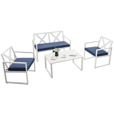 Tangkula 4PCS Patio Furniture Set Outdoor Conversation Set Metal Frame w/ Navy Cushions