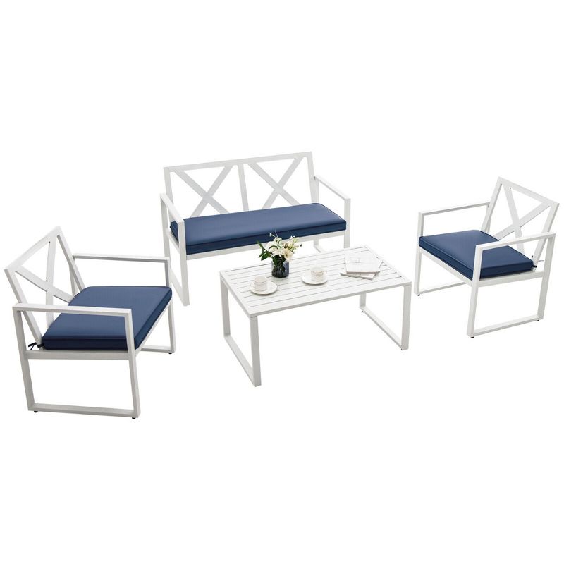 Tangkula 4PCS Patio Furniture Set Outdoor Conversation Set Metal Frame w/ Navy Cushions, 1 of 9