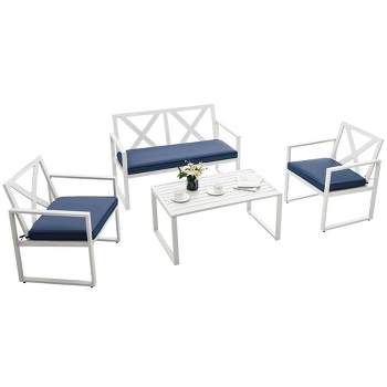 Tangkula 4PCS Patio Furniture Set Outdoor Conversation Set Metal Frame w/ Navy Cushions