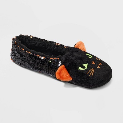Women's Black Cat Flip Sequin Pull-On Slipper Socks with Grippers - Hyde & EEK! Boutique™ Black/Orange