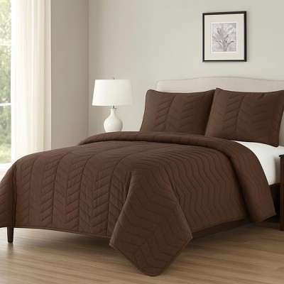 Home Mart Goods Brown 3 Piece Modern Geometric Solid Soft Plush Cozy Bedspread Quilt Set