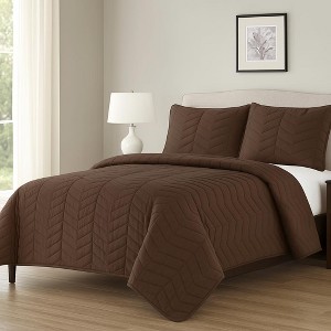 Home Mart Goods Brown 3 Piece Modern Geometric Solid Soft Plush Cozy Bedspread Quilt Set - 1 of 4