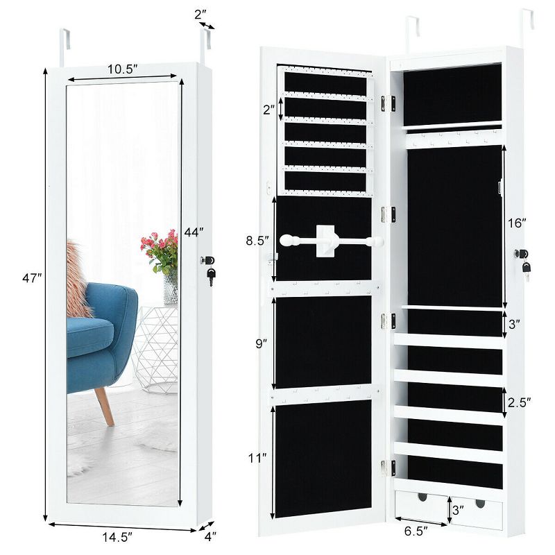 Costway Wall Mounted Mirrored Jewelry Cabinet Organizer w/LED Lights, 3 of 11