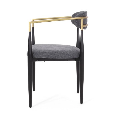Charcoal Upholstered Arm Chairs with Black and Gold Metal Frame