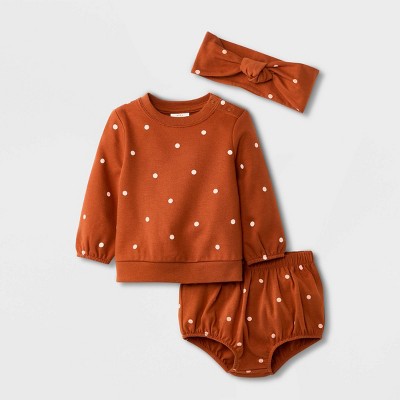 Image of Baby Girls' Polka Dot Sweatshirt Top & Shorts Set with Headband - Cat & Jack™ Orange 3-6M