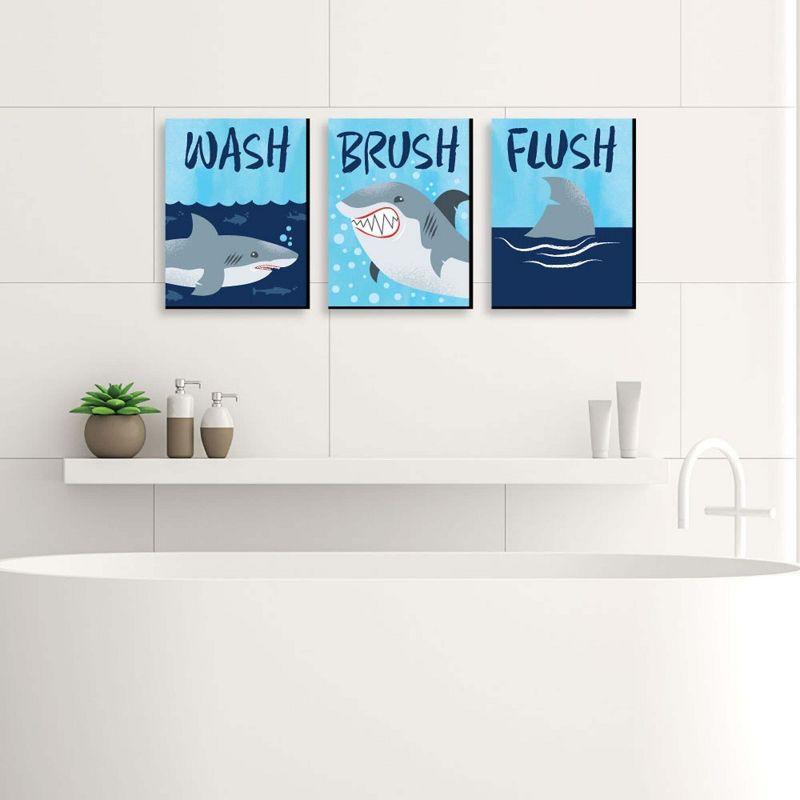 Big Dot of Happiness Shark Zone - Kids Bathroom Rules Wall Art - 7.5 x 10 inches - Set of 3 Signs - Wash, Brush, Flush, 3 of 9