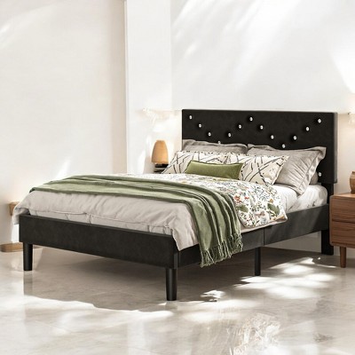 Mshliw Black Modern Bed Frame with Upholstered Headboard & Wooden Slats – No Box Spring Needed, Easy Assembly