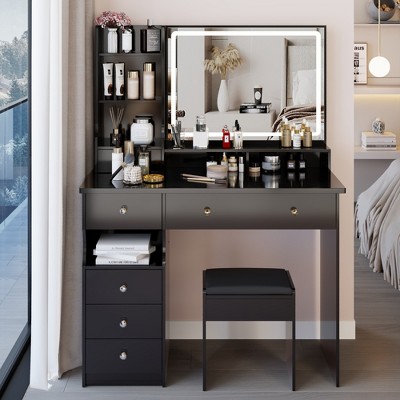 VYNXARIA 41" Large Size Left Bedside Cabinet Vanity Table&Cushioned Stool,Multi Layer High Capacity Storage, Suitable For Large Space,Black