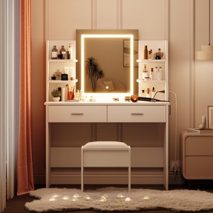 Vanity Desk with Mirror and Lights, Makeup Vanity Set with Cushioned Stool, Power Outlet, 6 Storage Shelves, 2 Large Drawers - 1 of 4