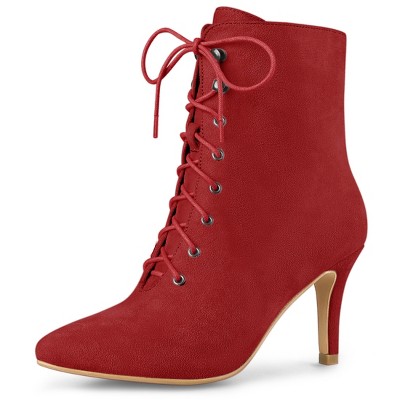 Allegra K Women's Pointy Toe Zip Lace Up Stiletto Heel Ankle Boots Red ...