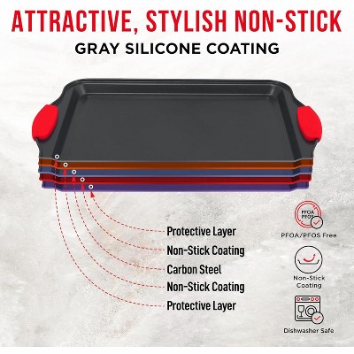 Nonstick Carbon Steel Cookie Sheet Pan Set with Red Silicone Handles